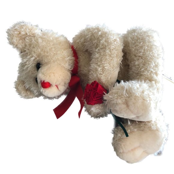 Animal Adventure Inc Beige Tan Bear Red Ribbon Bouquet of Roses 10" 2000 RETIRED - Picture 5 of 7
